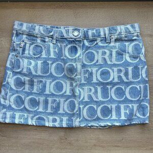 Fiorucci Light Vintage Blue Denim Monogram Pattern Mini Skirt Women's Size Large